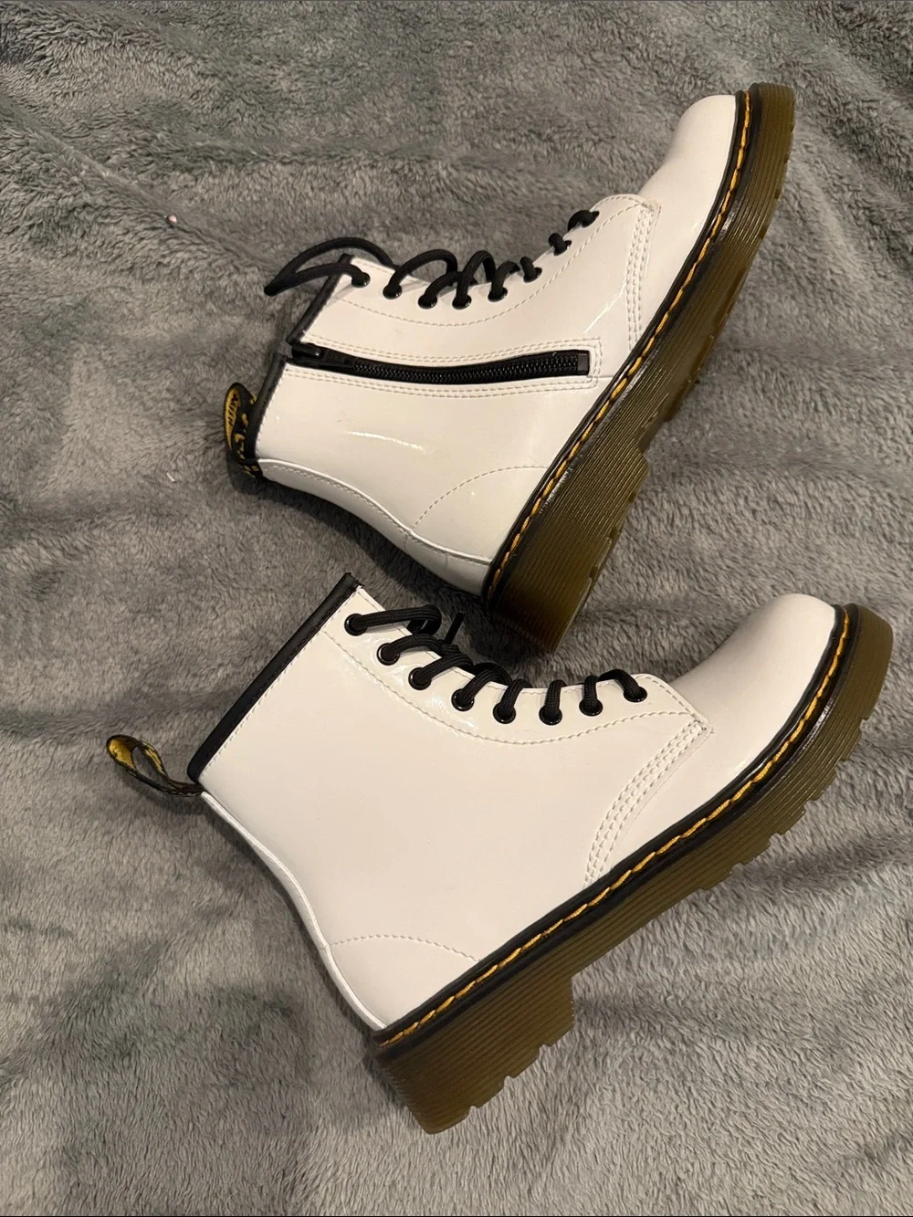 Big Kids size 2 White Lace-Up Patent Dr. Marten Boots with Side Zip